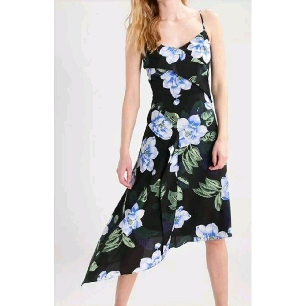 Banana Republic Floral Asymmetrical Handkerchief Hem‎ Midi Dress Black Blue 6P